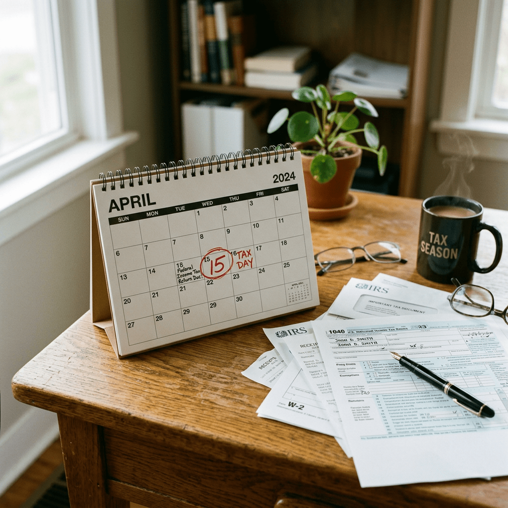 Desk calendar showing April 2024 with April 15 circled for Tax Day, tax forms, pen, glasses, plant, and coffee mug
