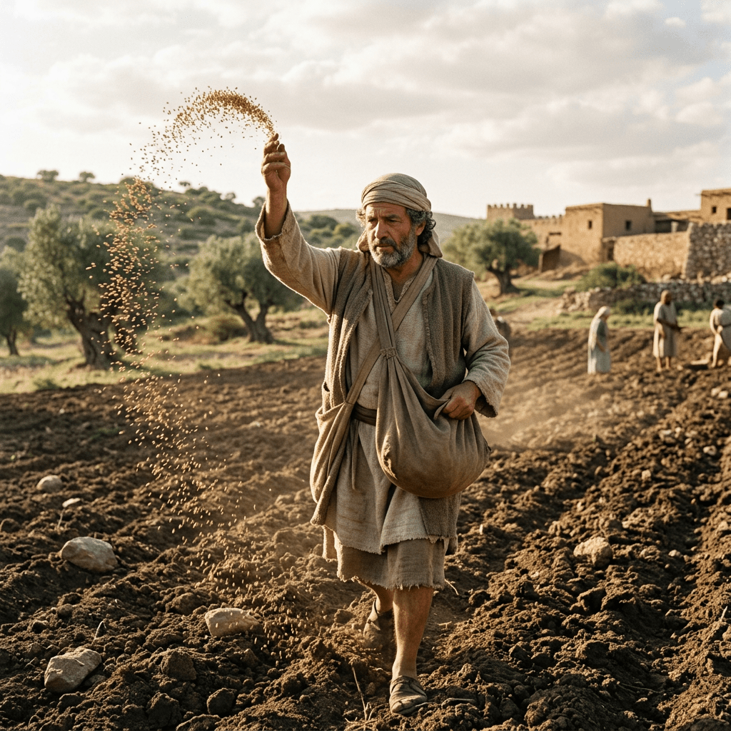 Man sowing seeds manually on prepared soil in a rural landscape