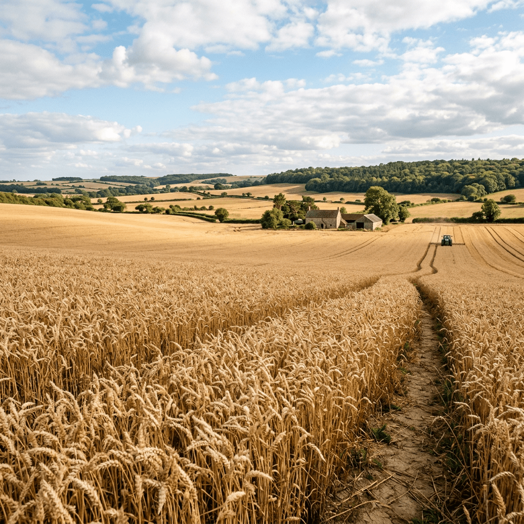 Golden wheat field with tractor and farmhouse under partly cloudy sky
